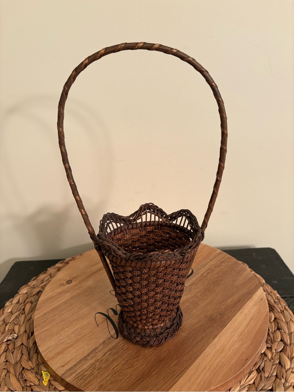 Antique Handwoven Dark  Brown Decorative Basket with Tall Handle